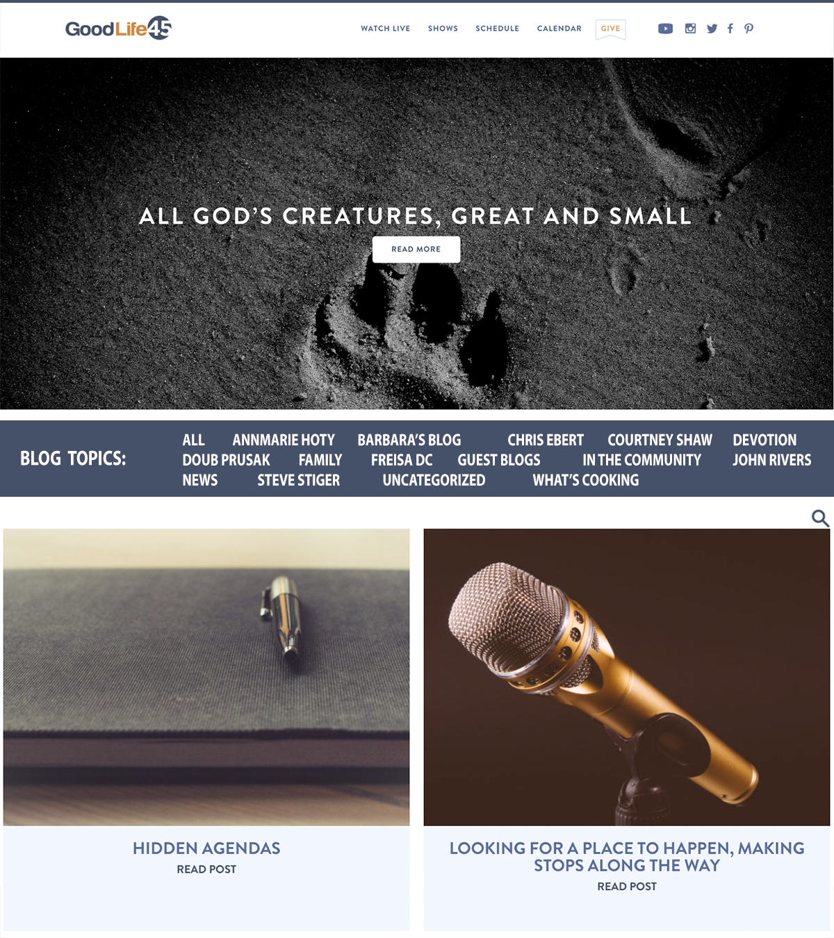 GoodLife45 blog page redesign with a purble background and title added to the blog topic area with white text blog topics.