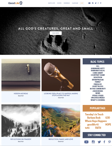 GoodLife45 Blog redesign with blog topics and popular tag sections to the right of the blog posts.