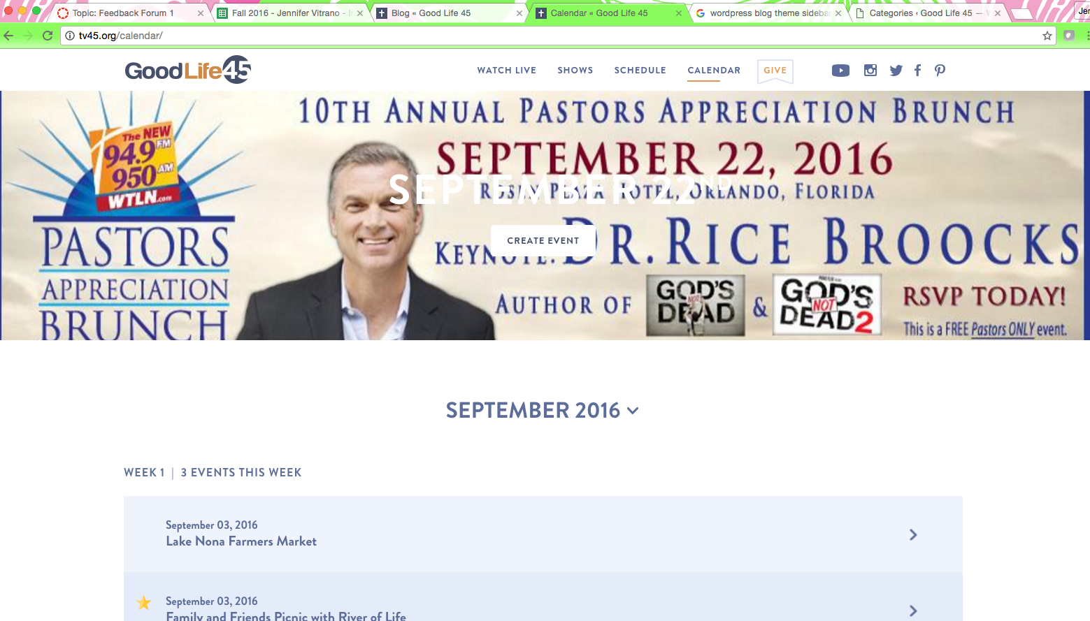 GoodLife45 blog page with hero image of a pastor appreciation brunch flyer with the date and a call to action button ontop of it in white text that is unreadable.