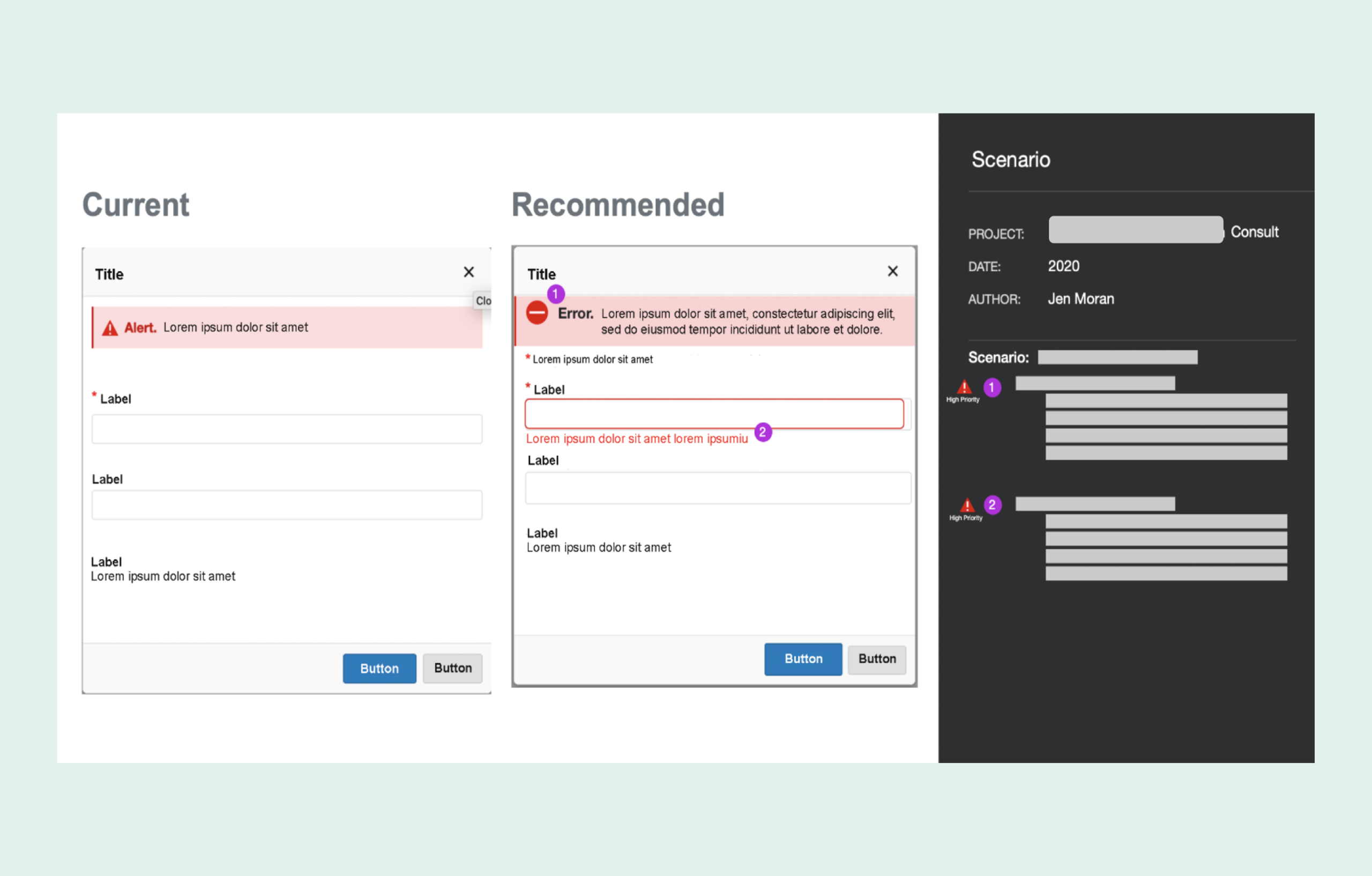 Spec outlining the current and recommended experience for a modal error scenario.