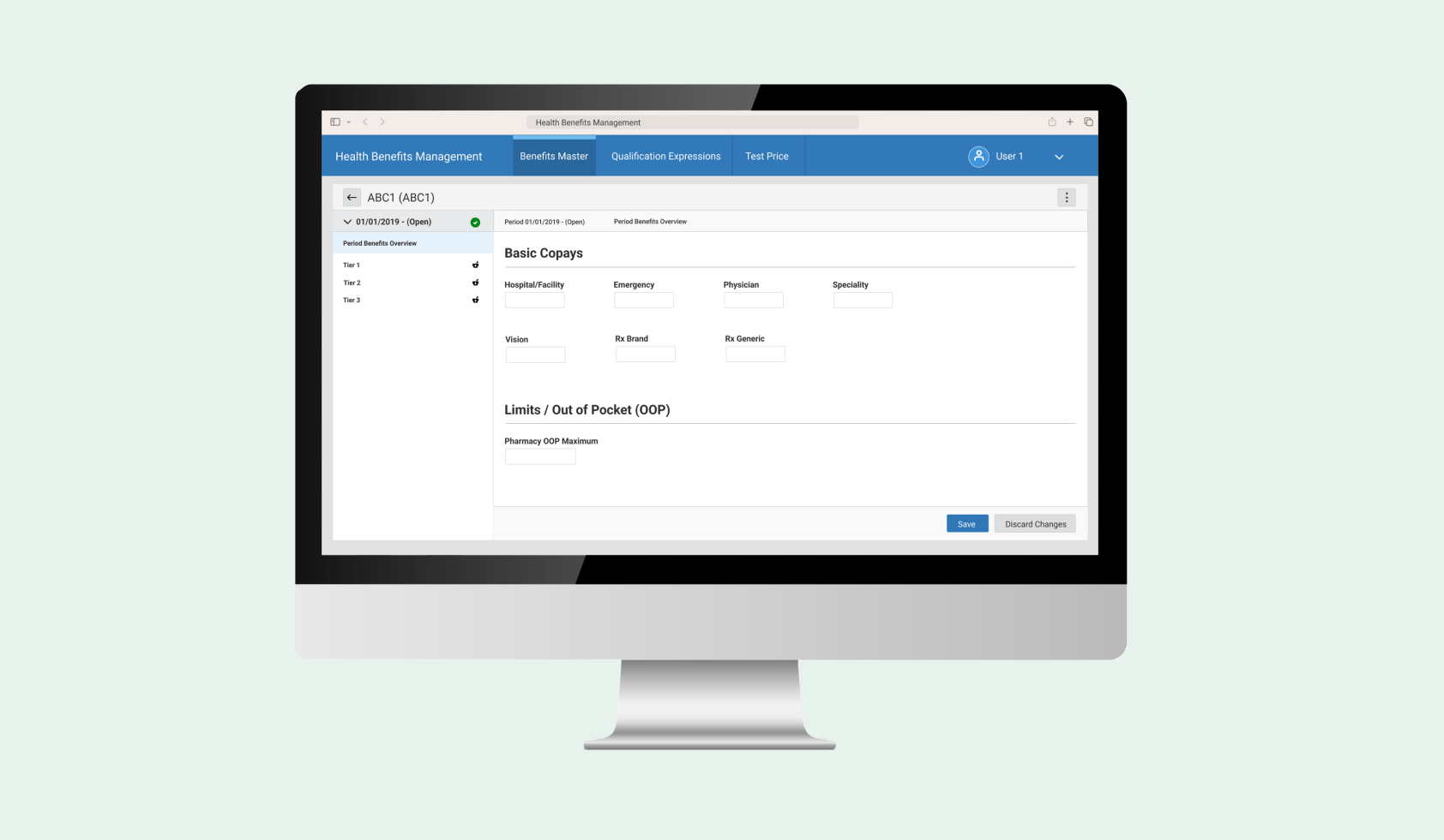 Desktop monitor displaying the Health Benefits Management application, period benefits overview screen showing benefit fields and configuration options.